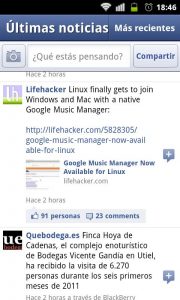 Time Line de facebook en la app de android.