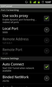Opciones app ssh tunnel en Android.