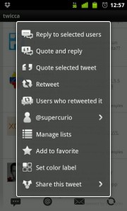 Mas opciones de Twicca. Cliente de Twitter para Android.