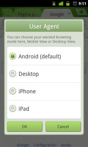 Seleccion de User Agents en Dolphin Browser para Android